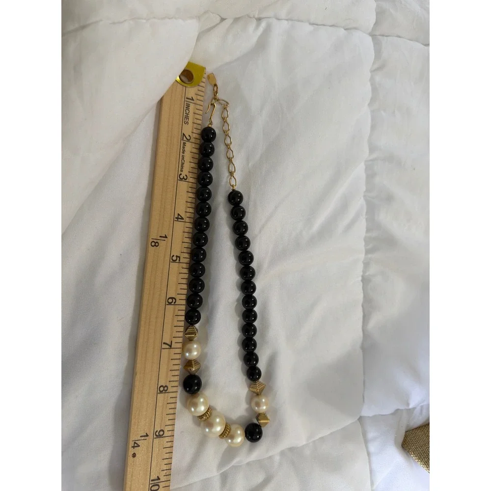1928 Jewelry Black Bead and Faux Pearl Gold Tone Statement Necklace Elegant‎